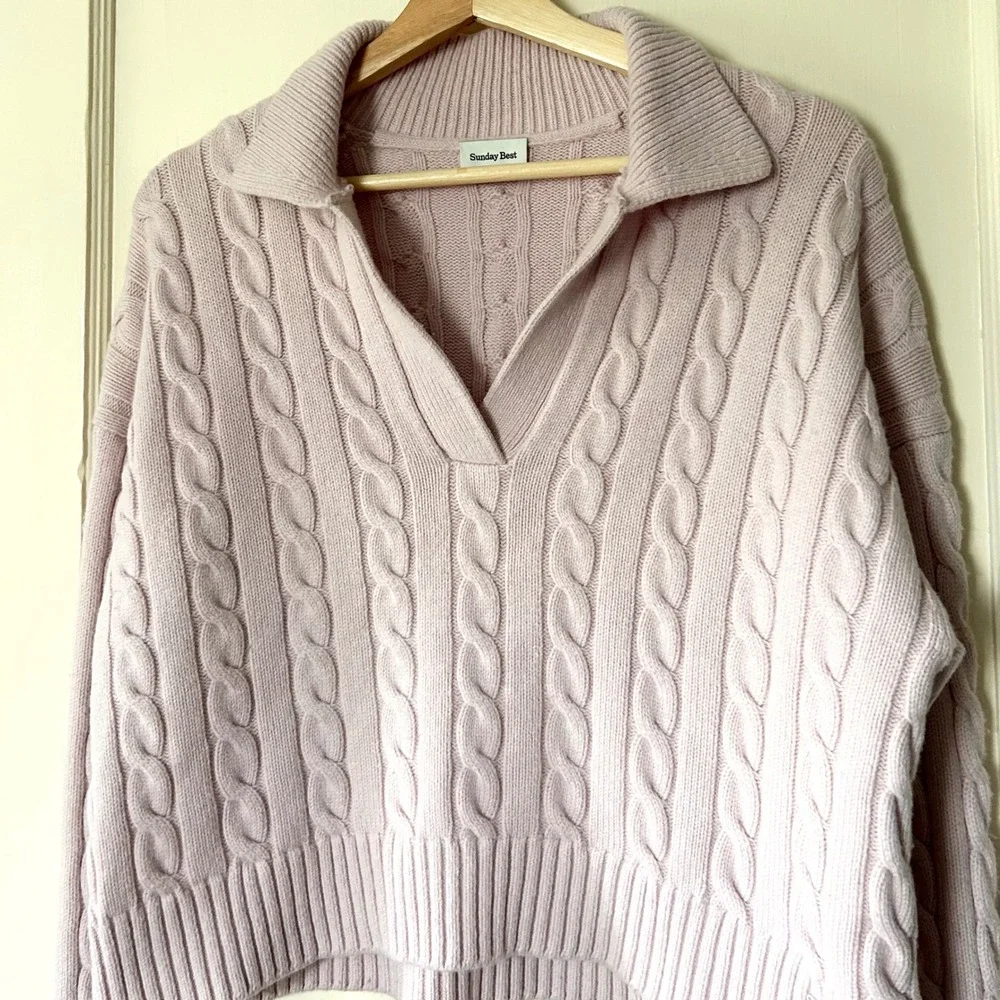 Aritzia Merino Wool Lottie Relaxed Polo Sweater Strawberry Puff Pink M Coquette - Picture 4 of 8